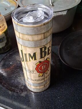 Jim Beam Insulated Travel Tumbler - Cream & Brown Wood Barrel Design